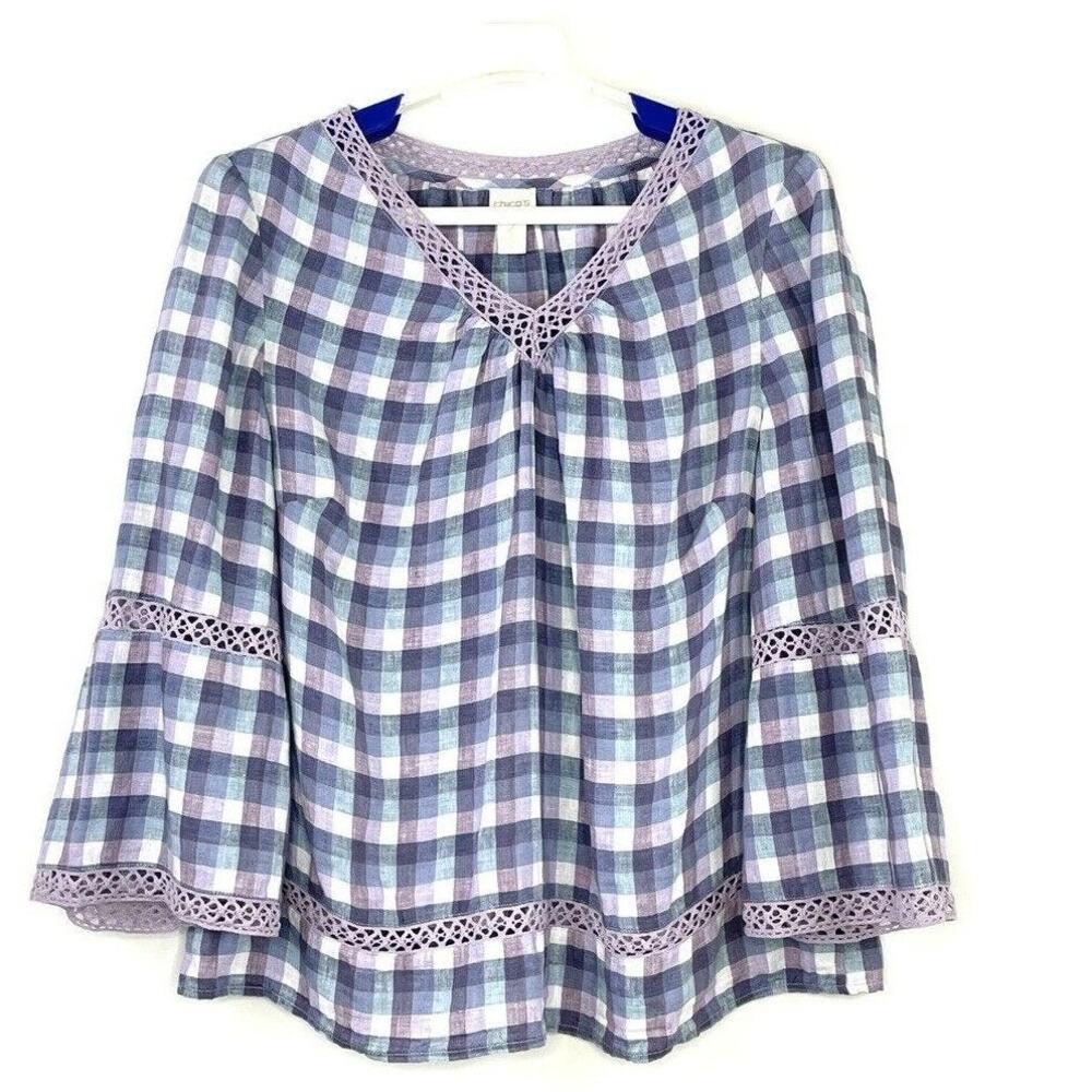 Chico's Linen Blouse Top Crochet Trim 3/4 Sleeve Blue Purple Plaid Medium Size 2